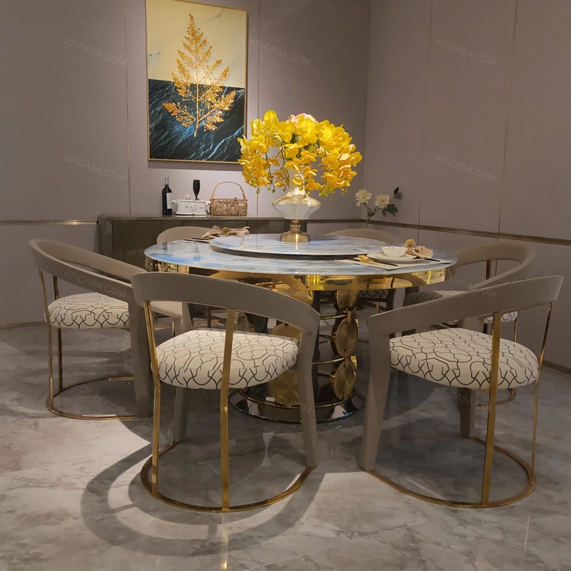Wathet Marble Round Dining Table with Gold Stainless Steel Base